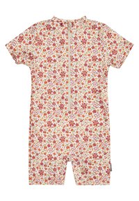 Kurzarmpolyesterromper mit floralen Mustern in Creme mit roten und grünen Blumen. Verfügt über einen Reißverschluss auf der Vorderseite und ein hohes Kragendesign.