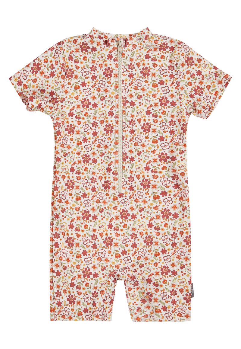 Kurzarmpolyesterromper mit floralen Mustern in Creme mit roten und grünen Blumen. Verfügt über einen Reißverschluss auf der Vorderseite und ein hohes Kragendesign.