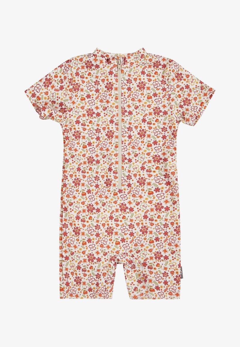 Kurzarmpolyesterromper mit floralen Mustern in Creme mit roten und grünen Blumen. Verfügt über einen Reißverschluss auf der Vorderseite und ein hohes Kragendesign.