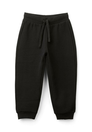 Pantaloni della tuta neri realizzati in tessuto morbido, dotati di vita elastica con cordoncino, polsini a costine e tasche laterali. Design semplice, senza motivi.