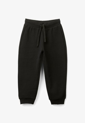 Pantalones de chándal negros hechos de una tela suave, con una cinturilla elástica y cordón ajustable, puños acanalados y bolsillos laterales. Diseño sencillo, sin patrones.