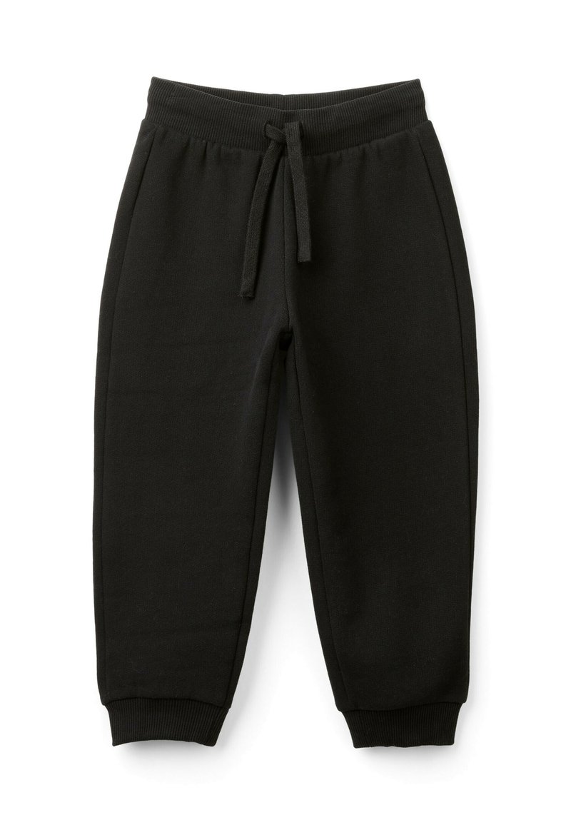 Czarne dresy wykonane z miękkiego materiału, z elastycznym paskiem w talii i sznurkiem, ściągaczami na nogawkach oraz bocznymi kieszeniami. Prosty design, bez wzorów.