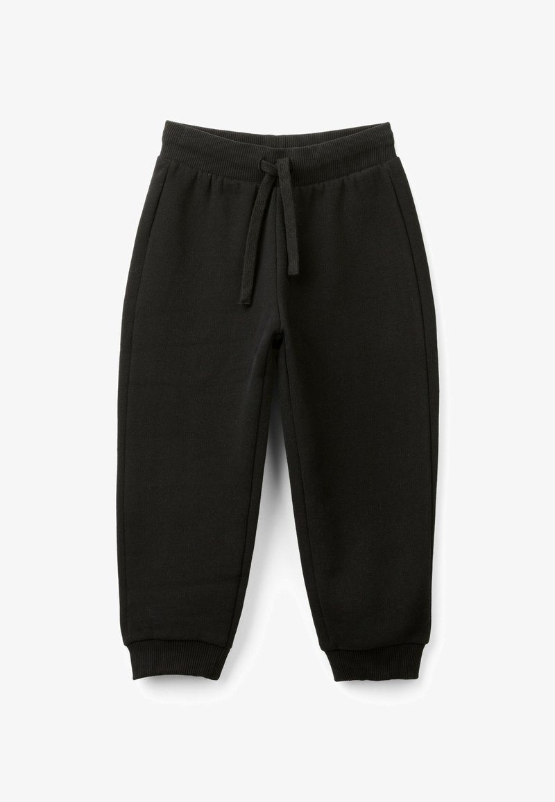 Czarne dresy wykonane z miękkiego materiału, z elastycznym paskiem w talii i sznurkiem, ściągaczami na nogawkach oraz bocznymi kieszeniami. Prosty design, bez wzorów.
