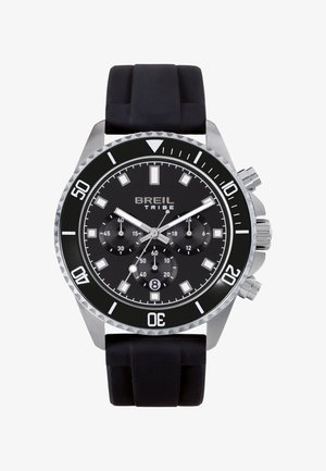 Breil Tribe sort kronografur med sølvfarvet kasse, sort bezels med markeringer ved intervaller, tre subskiver, datovindue og sort gummirem.