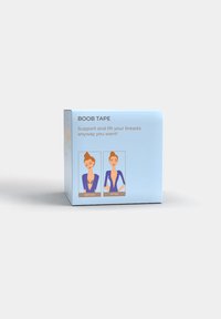 Scatola di nastro per seno con illustrazioni prima e dopo che mostrano supporto e sollevamento del seno su una donna che indossa un top blu.