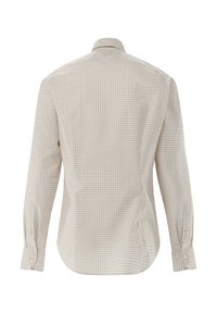 Langärmliges Hemd mit einem hellbeigen und braunen Karomuster, Knopfriegel, umgelegtem Kragen und abgerundetem Saum. Stoff aus Baumwollmischung.