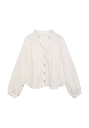 Witte blouse met lange, wijd uitlopende mouwen, een ronde halslijn en een knoopsluiting aan de voorkant, met decoratieve stiksels langs het lijfje.