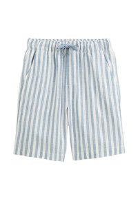 Shorts rayés bleu clair et blanc en tissu doux, avec une taille élastique, un cordon de serrage et des poches latérales.