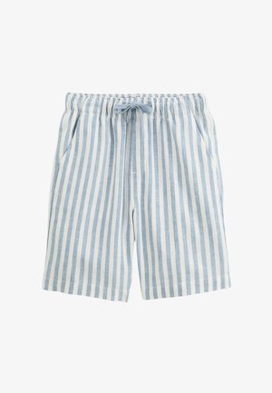 Shorts rayés bleu clair et blanc en tissu doux, avec une taille élastique, un cordon de serrage et des poches latérales.