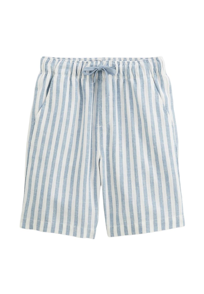 Shorts rayés bleu clair et blanc en tissu doux, avec une taille élastique, un cordon de serrage et des poches latérales.