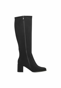 Czarne wysokie buty do kolan wykonane z miękkiego materiału, z bocznym zamkiem błyskawicznym, słupkowym obcasem i gładką fakturą bez widocznych wzorów.