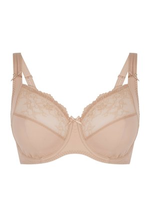 Beige Spitze-BH mit oberen Cups aus Netzgewebe, gewelltem Spitzenrand und verstellbaren Trägern mit einer dekorativen Schleife in der Mitte.