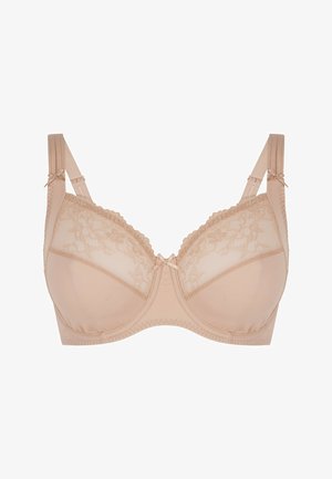 Soutien-gorge en dentelle beige avec des bonnets supérieurs en maille, un bord en dentelle en forme de vagues et des bretelles ajustables ornées d'un nœud décoratif au centre.