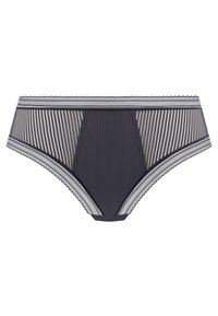 Donkergrijze onderbroek van doorschijnende, gestreepte stof. Heeft kantafwerking en contrasterende elastische banden in de taille en bij de benen. Klassiek shortsdesign.