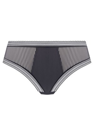 Donkergrijze onderbroek van doorschijnende, gestreepte stof. Heeft kantafwerking en contrasterende elastische banden in de taille en bij de benen. Klassiek shortsdesign.