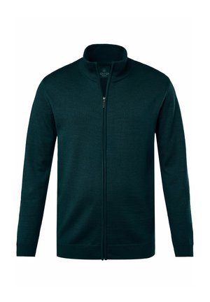 Tumma vihreä vetoketjullinen neuletakki, jossa on korkea kaulus, ribatattu pinta, pitkät hihat ja tyylikäs muotoilu. Varustettu vetoketjulla suljettavalla etuosalla.