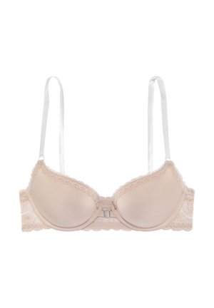 Beige padded bra with delicate lace trim, smooth cups, and adjustable white straps. Features a front closure and scalloped edges.