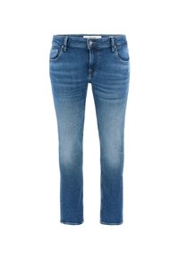 Blauwe denim jeans met een slim fit, voorzien van vijf zakken, een knoopsluiting en een vervaagde wassing voor een gradatie-effect.