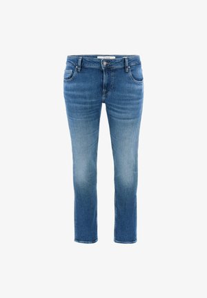 Jeans in denim blu con taglio slim, dotati di cinque tasche, chiusura a bottone e un lavaggio sbiadito per un effetto gradiente.