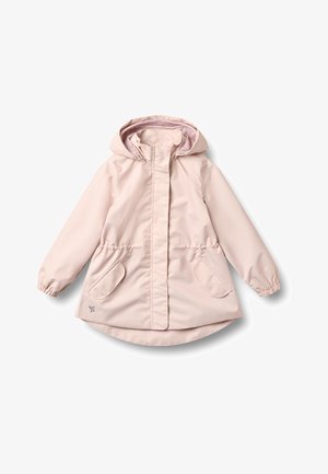 Imperméable à capuche pour enfants de couleur rose clair avec poignets élastiques, poches à rabat à l'avant et fermeture éclair cachée.