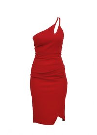 Punane keha järgnev kleit ühe õlapaelaga, mis on kaunistatud volditud detailidega ja külje lõhikuga. Sile kangas ja keha järgnev siluett.