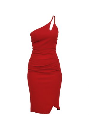 Czerwona sukienka dopasowana z jednym ramiączkiem, ozdobiona marszczeniami i rozcięciem z boku. Gładka tkanina z dopasowanym krojem.