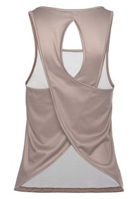 Light taupe sleeveless top featuring a back cut-out and crossover design. Made of smooth fabric with a soft texture and finished edges.
