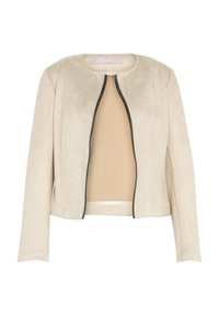 Veste beige en suédine synthétique avec manches longues et encolure ronde. Elle est dotée d'une fermeture éclair noire sur le devant. Texture lisse, coupe courte.