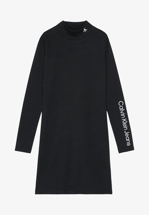 Sort, langærmet rullekravkjole med Calvin Klein Jeans-logo på højre ærme og lille "CK" på kraven.