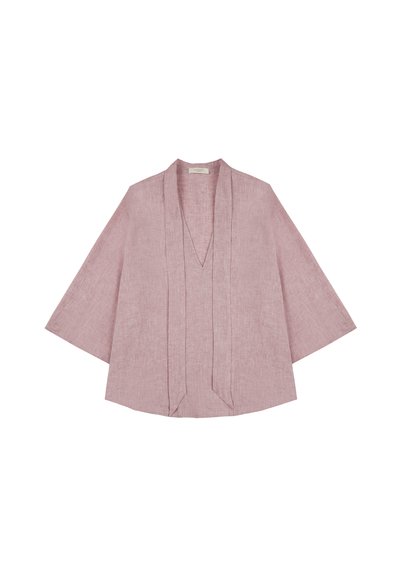 Top in lino stile kimono di colore rosa chiaro, con scollo a V, maniche ampie e apertura frontale con superficie leggermente texture.