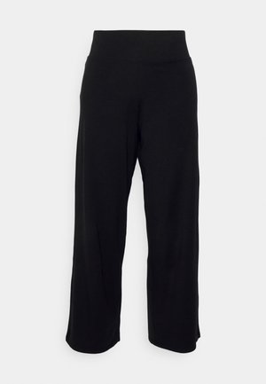 Black wide-leg pants made of soft fabric, featuring a high waistband and a smooth texture. No patterns or visible hardware.
