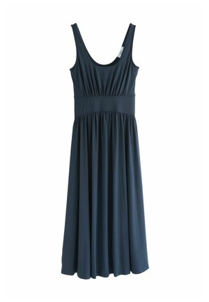 Ärmelloses, dunkelblaues Maxikleid mit gerafft Taillengürtel und rundem Ausschnitt, aus weichem, fließendem Stoff.