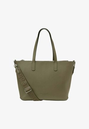 Borsa tote sintetica verde con due manici e una tracolla rimovibile. Texture liscia, chiusura con zip e logo visibile nella parte anteriore.