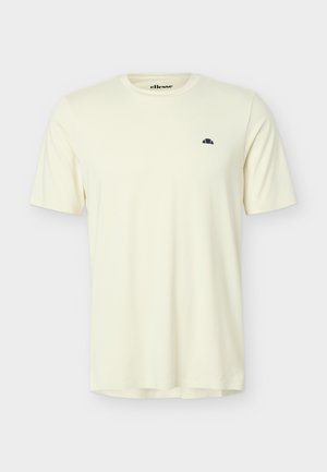 Tricou de culoare off-white, cu mâneci scurte și guler rotund, având un logo mic negru pe pieptul stâng, afișat pe un fundal simplu gri deschis.