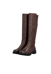 Brown leather knee-high boots with a rounded toe, textured side panels, and a thick rubber sole for traction. Zipper on one side.