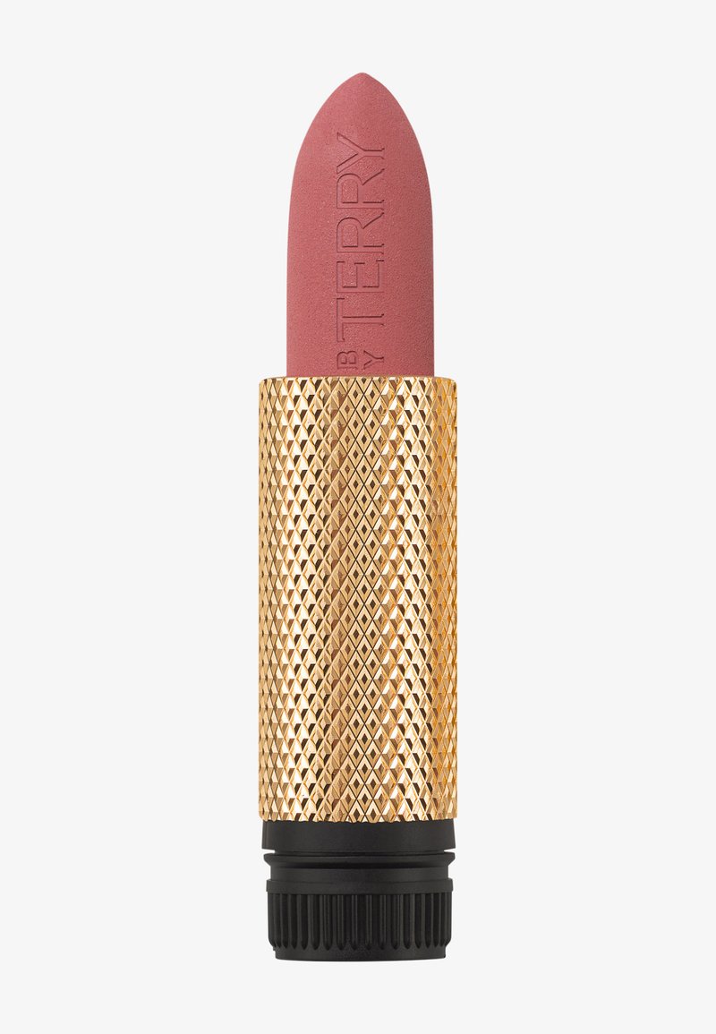 Lipstick met een matte rozenkleur, verpakt in een gouden buis met een diamanten patroon en een zwarte basis, met een draaisysteem voor applicatie.
