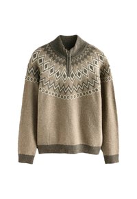 Brauner Wollpullover mit hohem Kragen und halbem Reißverschluss. Verfügt über ein geometrisches Muster in Creme und Dunkelbraun. Ribbed Bündchen und Saum.