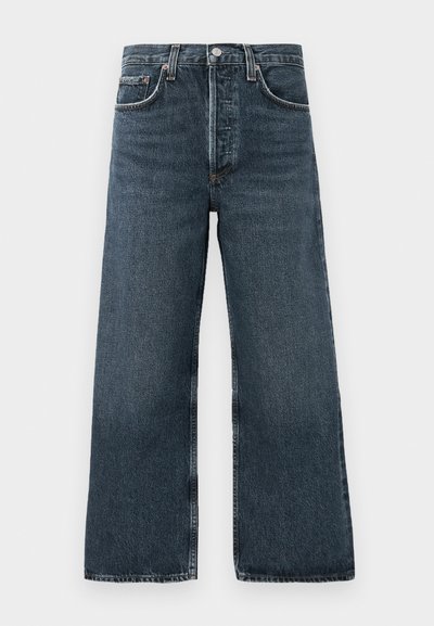 Dark denim wide-leg jeans with a button and zipper closure, featuring five pockets and subtle whiskering on the fabric.