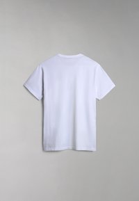 White cotton t-shirt with a crew neck, short sleeves, and a simple, unadorned back design, featuring soft and smooth texture.