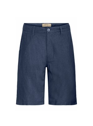 Shorts tummansiniset valmistettu kevyestä kankaasta, jossa on nappikiinnitys, vinot taskut ja sileä pinta, jossa on hienovarainen kiilto.