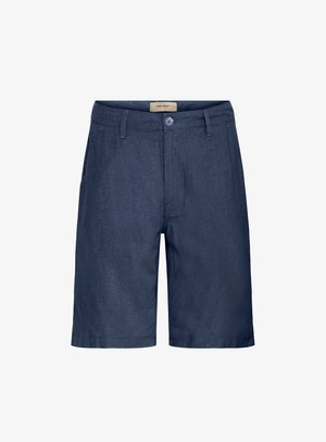 Námořnickomodré šortky vyrobené z lehkého materiálu, s knoflíkovým zapínáním, šikmými kapsami a hladkým povrchem s jemným leskem.