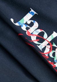 Section de tissu sombre avec un texte coloré et usé partiellement visible, avec de grandes lettres blanches et bleues et des volutes graphiques rouges.