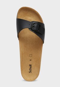 Sandalo in pelle nera con una singola fascia regolabile con fibbia, soletta in sughero e texture scamosciata. Marcato con la taglia 38 sulla suola.