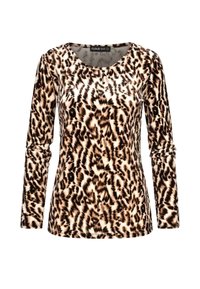 Langsleeve top in een luipaardprintpatroon met tinten bruin en zwart op een lichte tan achtergrond, met een ronde halslijn.