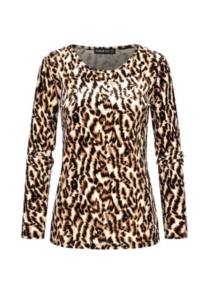 T-shirt à manches longues avec un motif léopard présentant des nuances de marron et de noir sur un fond beige clair, avec un col rond.