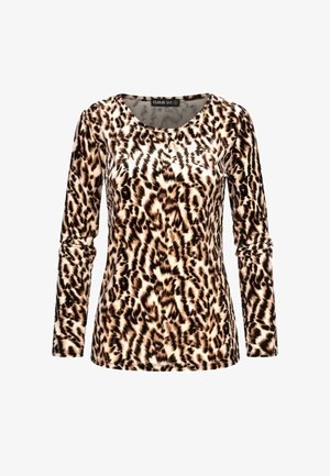 Langærmet top i leopardmønster med nuancer af brun og sort på en lys tan baggrund, med en rund halsudskæring.