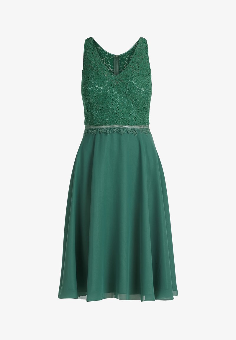 Robe sans manches vert foncé avec corsage en dentelle, décolleté en V, taille ajustée avec bordure en dentelle, et jupe fluide en chiffon atteignant la longueur du genou.