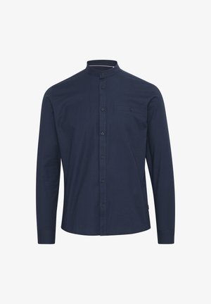 Tumesinine pikkade varrukatega särk, millel on ribaga krae, eest nööbiga kinni pandav sulgemine, üks rinna tasku ja sile puuvilla kangas.