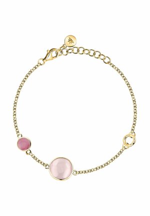 Delicate gold chain bracelet with two round pink gemstone charms, one larger and one smaller, and a lobster clasp closure.