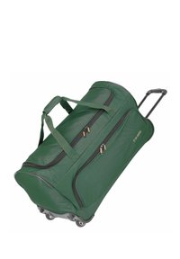 Groene oprolbare duffelbag met textuurstof, twee ritsen, korte handgrepen en uitschuifbare handgreep; beschikt over soepele wielen voor mobiliteit.